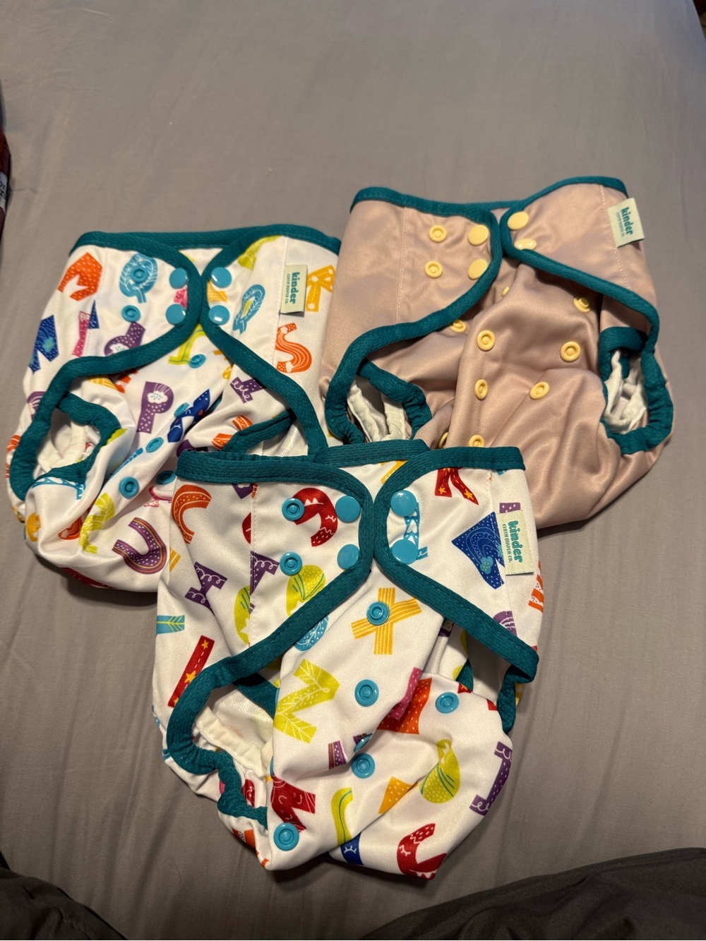 Adjustable Kids Diaper Cover - Teal Trim with Multicolor Alphabet & Solid Beige